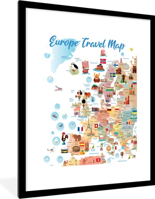 Produktbild von MuchoWow® MuchoWow® Gerahmtes Poster Karte - Europa - Reisen 60x80 cm - Poster mit zchwarzem Bilderrahmen - Wohnzimmer - Dekorationen - Prämie
