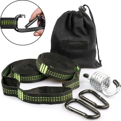 Produktbild von Hängemattenbefestigung Baumschaukelbefestigung Hängesessel-Set 3 Meter X 2,5cm Max 500kg, 15 + 1 Schlaufen (Polyester) 2 Karabiner + Hängesesselzubehör Stahlfeder