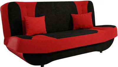 A red and black sofa with two red pillows.