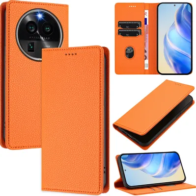 Produktbild von Litchi Leder Handyhülle für Oppo Find X6 Pro Wallet Kartenfächer Standfunktion Hülle Orange
