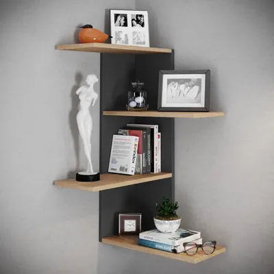 Produktbild von Balos Regal wandhängend 4 Ablagen schwarz, Eiche Nachbildung.