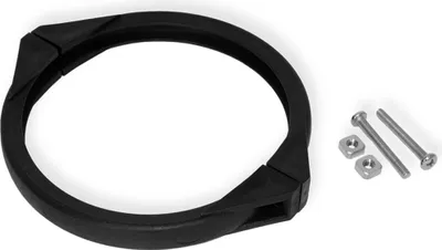 A black ring clamp and two silver bolts with nuts are shown on a white background.