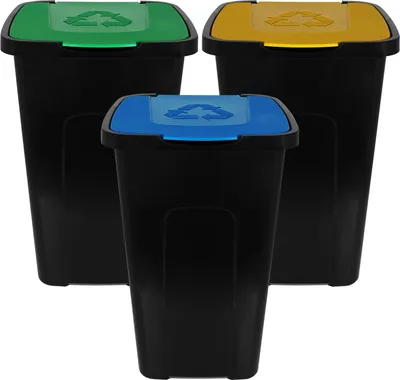 Produktbild von 3er SET 50l Abfalltonne Mülleimer Mülltonne Abfalleimer Abfallbehälter Mülltrenner 50 Liter Schwarz, Klappdeckel in GRÜN, BLAU, GELB, 56 x 36 x 36cm