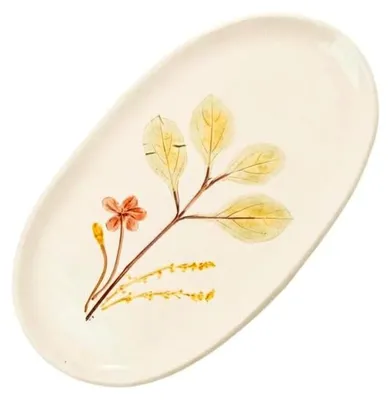 Produktbild von Dekorativer Servierteller aus Keramik mit gepressten Blütenblättern, Cremeweiß, Blumen- und Blätterabdrücke, modern und elegant – Für Tisch, Regal und Wohnraumdekoration (30,48 cm x 17,78 cm x 1,90 cm)