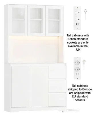 Produktbild von Küchenschrank 180 cm - Hochschrank mit Arbeitsplatte - LED-Beleuchtung - Steckdose - Verstellbare Einlegeböden - 3 Schubladen - Weiß