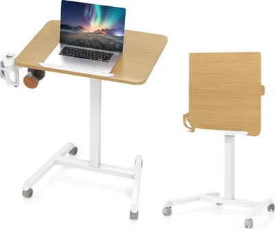 Immagine prodotto di Scrivania mobile in piedi, carrello pieghevole per laptop con piano inclinabile a 90°, ruote bloccabili, con portabicchieri e gancio, colore naturale