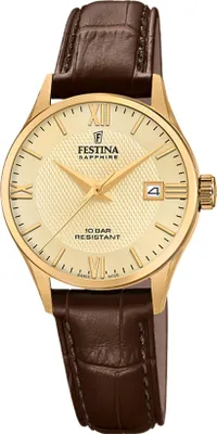 A close-up studio shot of a gold-colored Festina women's watch with a brown leather strap.
