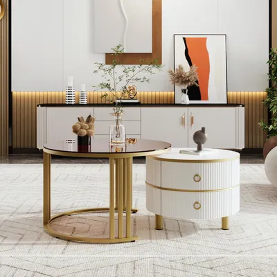 Image de Ensemble de tables basses rondes Merax 2 en 1, finition haute brillance, table de salon avec 2 tiroirs, table d'appoint imitation marbre, fabriquée en MDF, couleur or et blanc