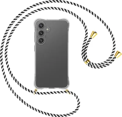 Produktbild von Handykette Backcover-Schutzhülle mit Band (Metall goldfarben) für Samsung S25 - schwarz/weiß gestreift