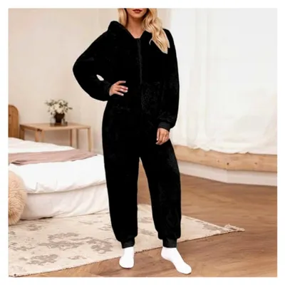 Produktbild von Damen Jumpsuit aus Teddy-Fleece, einfarbiger Overall, flauschig und warm, mit Kapuze
