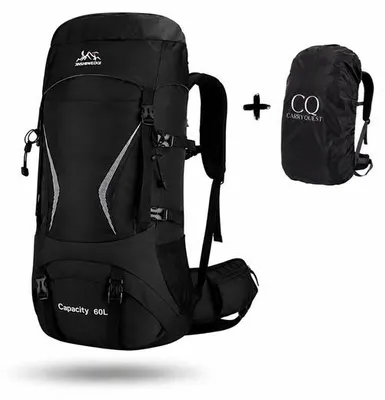 Image de CarryQuest® - Sac à dos de randonnée 60L en nylon avec housse de pluie, couleur noire