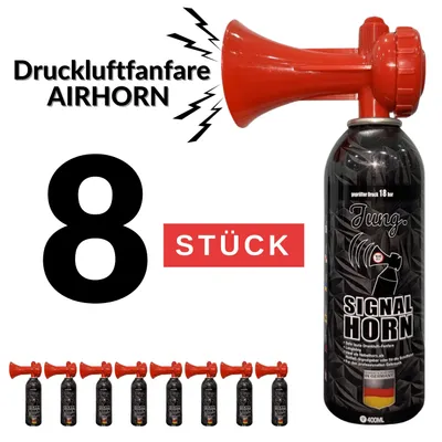 Produktbild von JUNG Druckluftfanfare Air Horn Profi Qualität 8x 400ml, 200 Signale, Fanfare WM 2026 Weltmeisterschaft Warnsingnal, Hupe Tröte Drucklufthupe Gashupe