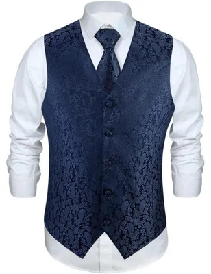 Obrázok produktu pre Sada pánskej vesty s kravatou a vreckovkou, vzor Paisley, kvetinový vzor, materiál: Jacquard, farba: tmavomodrá, veľkosť: 6XL