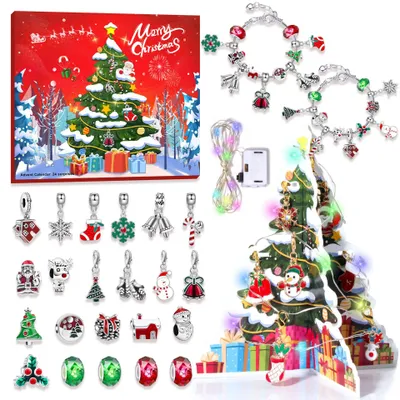 Productafbeelding van Adventskalender armband 2026 - Doe-het-zelf sieradenkalender - 24 dagen aftellen - Kristallen armband voor kinderen - 24 bedeltjes en 2 armbanden - Geschenkdoos