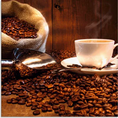 Produktbild von ARTland Glasbild Kaffeetasse und Leinensack auf Tisch Größe: 30x30 cm
