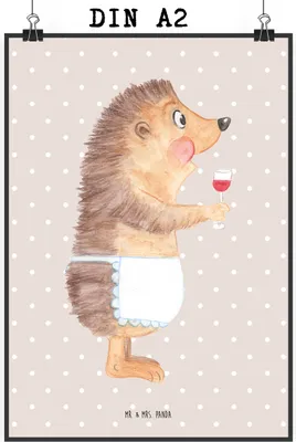 Produktbild von Mr. & Mrs. Panda Bild Igel Wein DIN A2 - Beige Pastell - Geschenk, Spruch, wanddeko, Weinglas, Rotwein, Kunstdruck, Wandbild, Deko, Lustige Sprüche, Weißwein