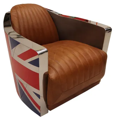 Immagine prodotto di Poltrona vintage di design in vera pelle, arredamento lounge union jack aviator retro aeroplano