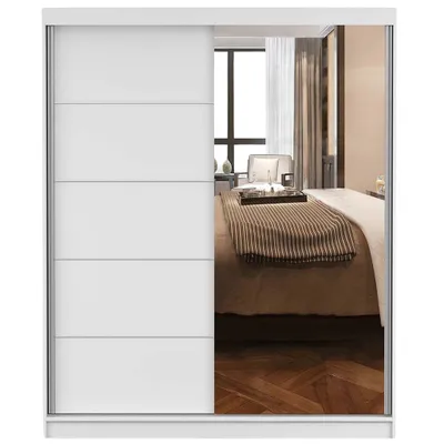 Produktbild von Schwebetürenschrank Kleiderschrank Bono 05, 160 cm, Weiß/Weiß mit Spiegel
