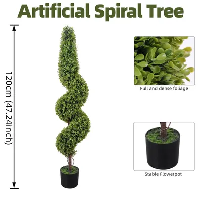 Image de Arbre topiaire en buis artificiel, forme spirale - Plante artificielle décorative - 120 cm - Résistant aux UV - Fabriqué en polyéthylène (PE) - Pour intérieur