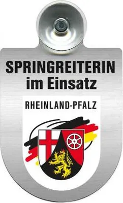 Produktbild von Einsatzschild mit Saugnapf - Springreiterin im Einsatz - 393836 incl. Regionenwappen nach Wahl Color - Region Rheinland-Pfalz