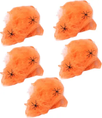 Produktbild von 5 Spinnennetze orange, realistisch & dehnbar, für Halloween-Deko – gruselige Accessoires für Innen & Außen