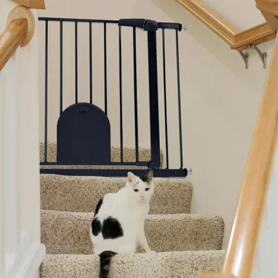 Produktbild von YZNAHRE Treppenschutzgitter mit katzenklappe Ohne Bohren 85-95cm Breiten Treppengitter mit Tür 180° Doppeltür Metall Gitter Hund, Schwarz