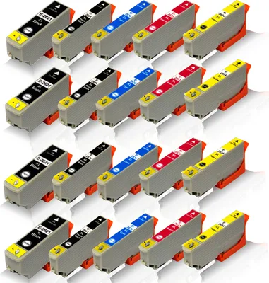A collection of ink cartridges arranged in rows.