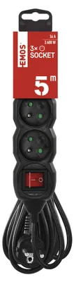 Prodlužovací kabel 5 m / 3 zásuvky / s vypínačem / černý / PVC / 1,5 mm2