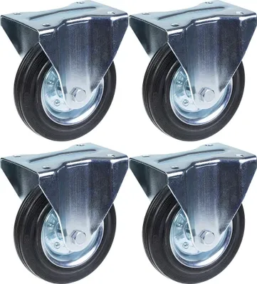 Obrázok produktu pre 160 mm 6" kolieska s gumovými pneumatikami, pevné, silná nosnosť 600 kg, sada 4 ks