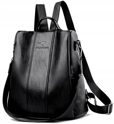 A black leather backpack is shown against a white background.