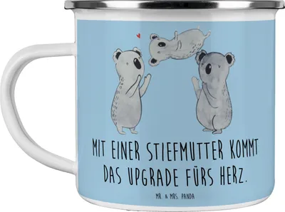 Produktbild von Mr. & Mrs. Panda Teebecher Herz Stiefmutter - Blau Pastell - Geschenk, Teetasse, Emaille Tasse, Becher, Familie, Pott, Stiefkind, Familienbindung, Liebe, Upgrade