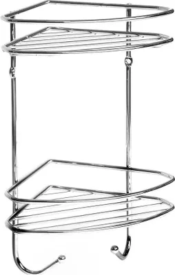 Zdjęcie produktu dla Narożna półka łazienkowa, 2 poziomy, chromowana, 20 x 16 x 30 cm, z haczykami AWD0047