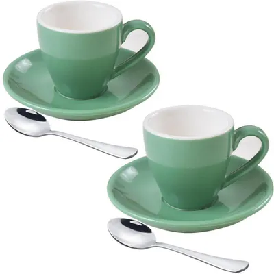 Productafbeelding van Espressokopjes met schoteltjes en lepeltjes, 80 ml, set van 2, blauwgroen