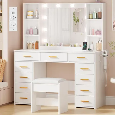 Image de Table de maquillage avec éclairage LED, miroir et 11 tiroirs, de couleur blanche, dimensions : 140 x 105 x 40 cm