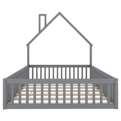 Produktbild von Flieks Kinderbett Hausbett 140x190cm mit Lattenrost, Bodenbett mit Rausfallschutz und Tür, Doppelbett Holzbett für Kinderzimmer, Grau