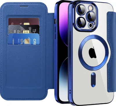 Image de Etui pour iPhone 15 Pro Max compatible avec MagSafe, étui transparent avec porte-cartes, étui en cuir avec protection de l'appareil photo bleu