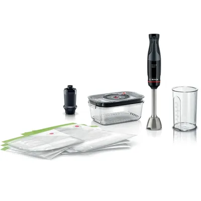 A Bosch hand blender and its accessories are displayed on a white background.