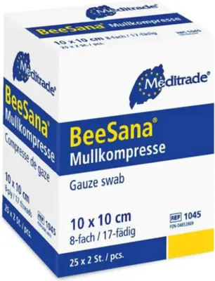 Produktbild von Meditrade BeeSana® - Mullkompresse ohne RöKo, steril - 12-fach, 10x10 cm - 25 x 2 Stück