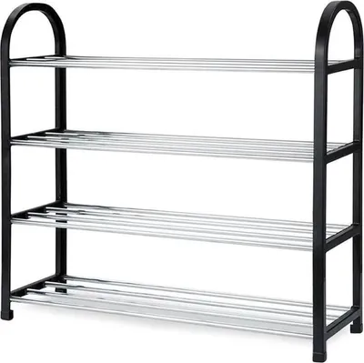 A four-tier shoe rack with a black frame and silver shelves, shown against a white background.