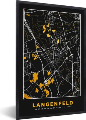 Produktbild von MuchoWow® Gerahmtes Poster Schwarz und Gold - Stadtplan - Langenfeld - Deutschland - Karte 40x60 cm - Poster mit Schwarzem Bilderrahmen Wandposter Rahmen Foto Bilder - Papierdruck - Wandbilder