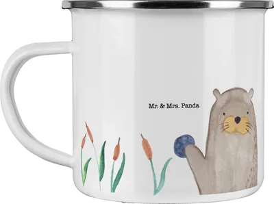 Produktbild von Mr. & Mrs. Panda Emaille Becher Otter Stein - Weiß - Geschenk, Tasse, Seeotter, Pflanzen, Teetasse, Neugierig, Haferl, See, Grüßen, metallbecher