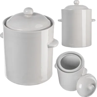 A collage of a white ceramic fermentation crock with handles and a lid, shown from different angles.