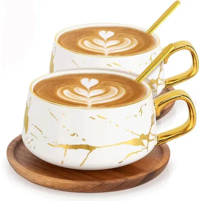 Productafbeelding van Cappuccinotassen, set van 2, met houten onderzetters, 300 ml, wit, keramiek