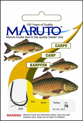 Produktbild von Maruto Karpfenhaken gebunden 70cm Vorfach, Größe/Tragkraft/Durchmesser/Inhalt:Gr. 2/11.0kg/0.35mm/10 Haken pro Packung
