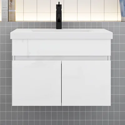 Produktbild von Badmöbel HUTI-Serie 60cm Hochglanz Weiß Mineralguss Waschtisch mit Unterschrank Hängeschrank Badezimmermöbel mit 2 Türen