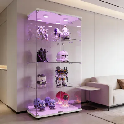 Imagen del producto de Vitrina de vidrio con iluminación LED, modelo con dos puertas, estantería expositora con 4 estantes y LED, armario vitrina para colecciones, fondo de espejo, color blanco, 80,5 x 36,5 x 164 cm