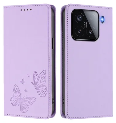 Produktbild von Lederhülle für Xiaomi 15, Schmetterling Prägung Leder Brieftasche Schutzhülle mit Ständer Violett