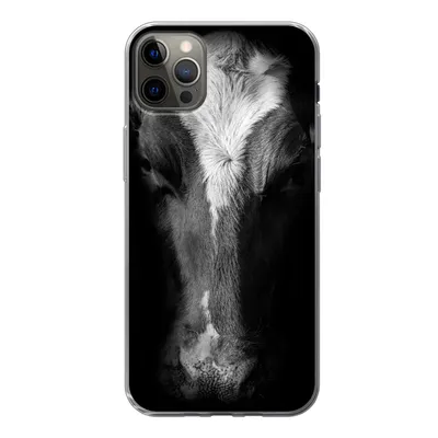 Produktbild von MuchoWow® Handyhülle Schutzhülle Hülle für iPhone 12 Pro Max Kuh Porträt auf schwarzem Hintergrund in schwarz und weiß Silikon Softcase Handy Hülle - Hartschale