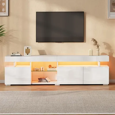 Produktbild von KLAM HOME Lowboard Weißer Hochglanz TV-Schrank für 80 Zoll mit 3 Türen & LED Beleuchtung & verstellbarem Glasfach Lowboard Moderner TV-Ständer