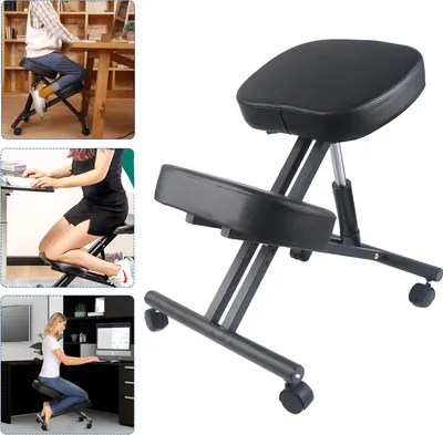Obrázek produktu pro Ergonomická kolenní židle, silné polstrování, výškově nastavitelná (50–60 cm), rozměry 70 × 46 cm, čtyři kolečka pro snadný pohyb, černá